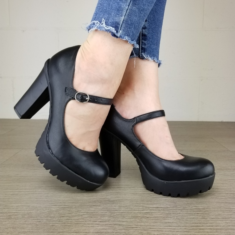 Rockabilly Chunky Platform Heels Faux Leather - Picture 4 of 8